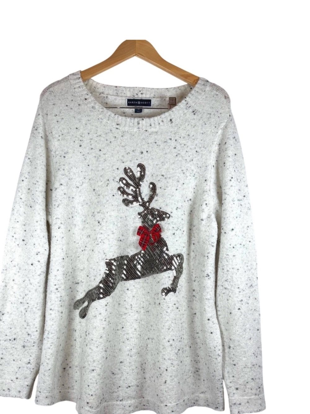 Karen Scott Cream Speckled Reindeer Crewneck Sweater with Red Bow